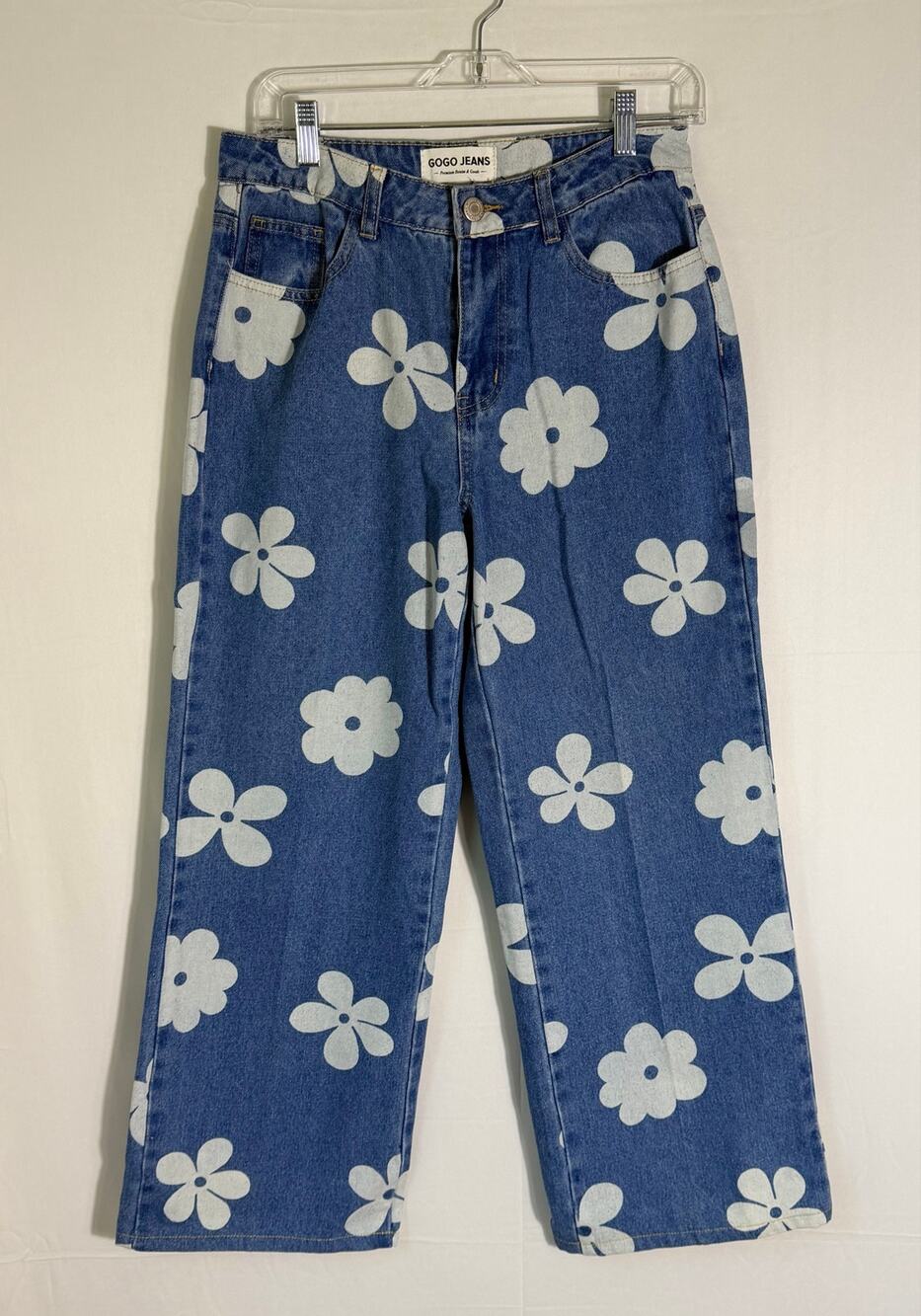 GoGo Jeans Floral Print Carpenter Jeans Wide Leg Blue White Daisy Women’s 7/28